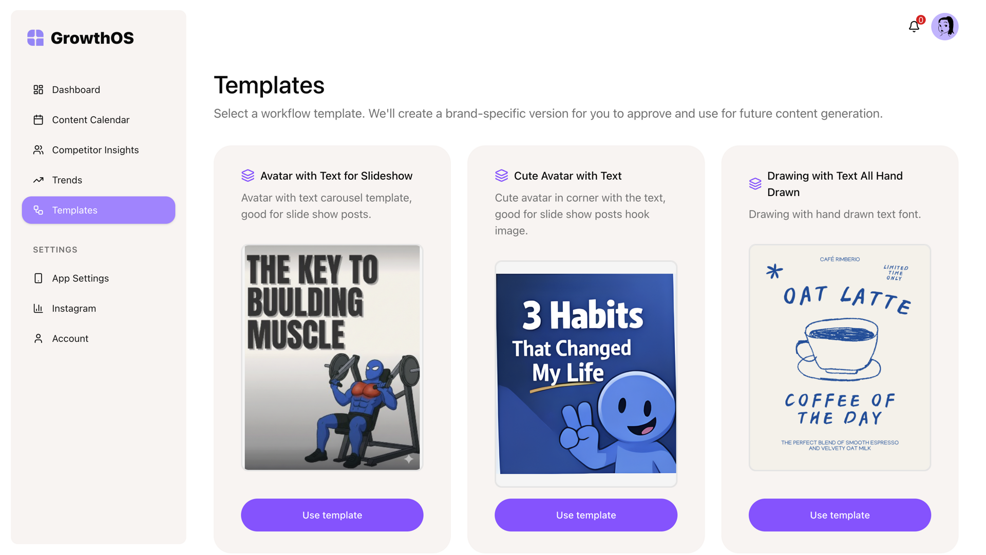 Workflow template carousel